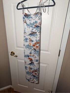 Free People White Floral Print Slip Dress with Blue and Orange Details